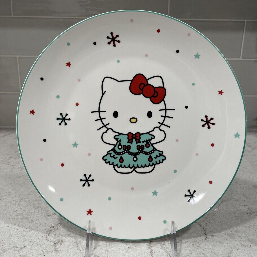 Sanrio Hello Kitty Ceramic Dinner Plate 10.5” Christmas Tree Dress Snowflake NEW